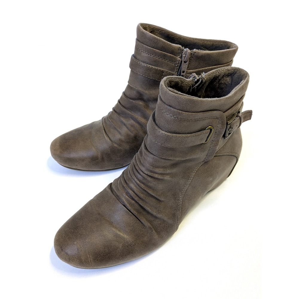 Baretraps Sheigh Boots - Womens 9 M - Brown Ruched Ankle Buckle Wedge Booties